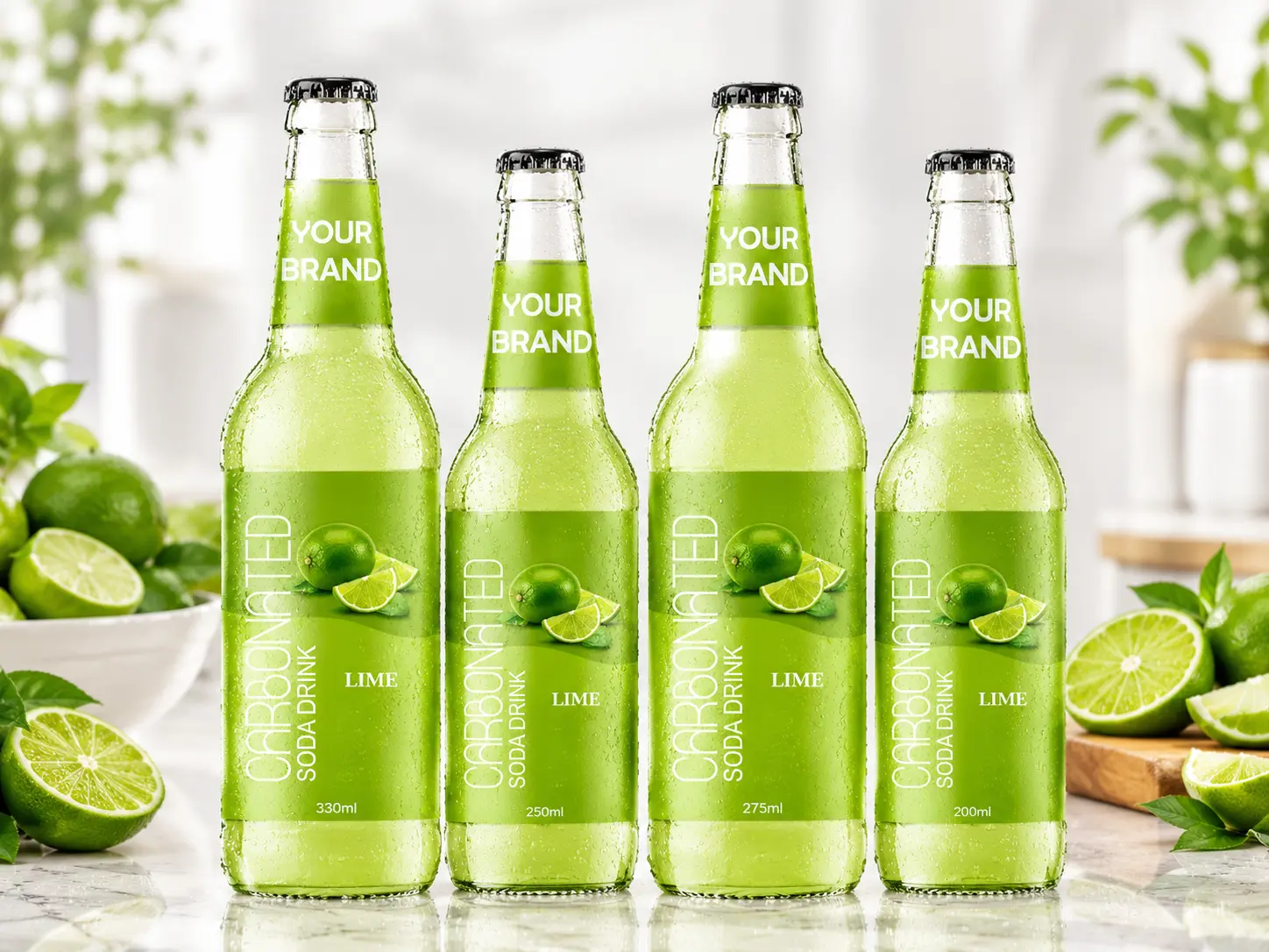 CARBONATED SODA DRINK Lime flavour in 330ml, 250ml, 275ml and 200ml glass bottles.